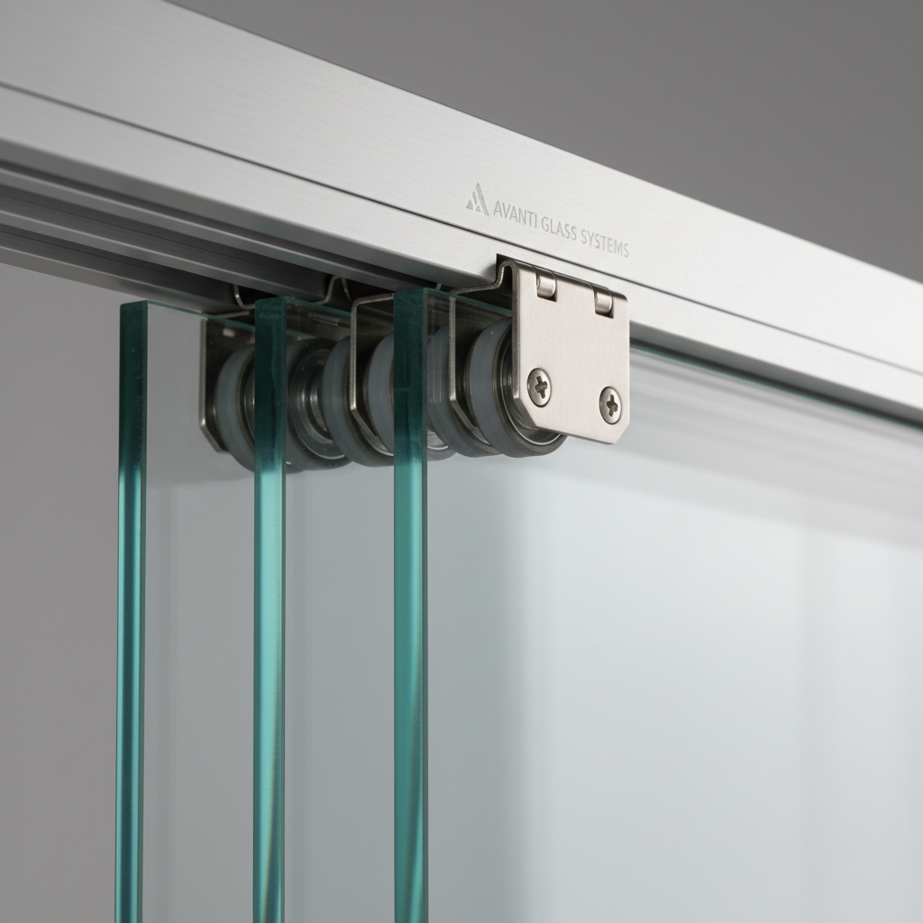 A close-up, detailed view of a glass curtain system’s upper track and hinge mechanism, showing thick, ultra-clear tempered glass sliding panels with polished edges and perfectly aligned stainless steel rollers. The aluminum profile has a brushed, high-end finish, with subtle rubber seals and precision screws visible, emphasizing engineering quality. Neutral studio lighting from above and the side creates crisp highlights on metal surfaces and gentle reflections on the glass, against a softly blurred grey background. Photographic realism, macro-style composition with shallow depth of field keeps the hardware in razor-sharp focus, evoking trust, safety, and technical excellence for a specialized glass curtain brand presentation.