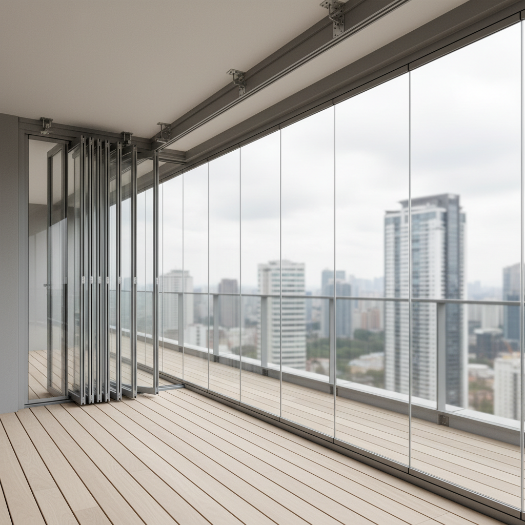 A spacious high-rise veranda fully enclosed with a folding glass curtain system, each transparent panel slightly angled to show how they slide and stack at the side. The aluminum tracks and hinges are robust and finely machined in a brushed steel tone, contrasting with the pale wood deck flooring. Soft, diffused daylight enters from an overcast sky, illuminating the clear, dust-free glass and casting subtle, elongated shadows. In the background, an out-of-focus city skyline reinforces the height and panoramic view. Photographic, clean and modern aesthetic, shot from a slightly elevated corner angle to showcase depth and technical details, conveying security, durability, and premium engineering.