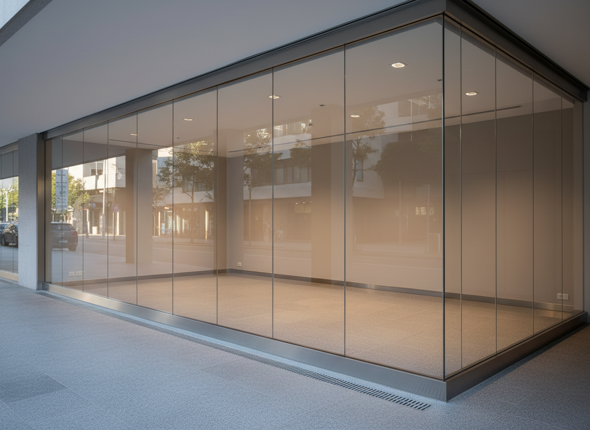A sleek commercial storefront façade entirely closed with tall, frameless glass curtain panels, extending from polished granite flooring to a smooth white ceiling. The panels align in a flawless plane, with discreet upper and lower profiles in anodized aluminum, and a narrow floor drain track integrated at the base. Neutral interior lighting glows softly through the transparent glass, while cool late-afternoon daylight bathes the exterior, creating refined reflections on the glass surface. Captured in photographic realism at eye level, with a slight diagonal composition to emphasize the length of the façade, the scene communicates professionalism, modern architecture, and the security of a high-quality glass curtain closure for stores and offices.