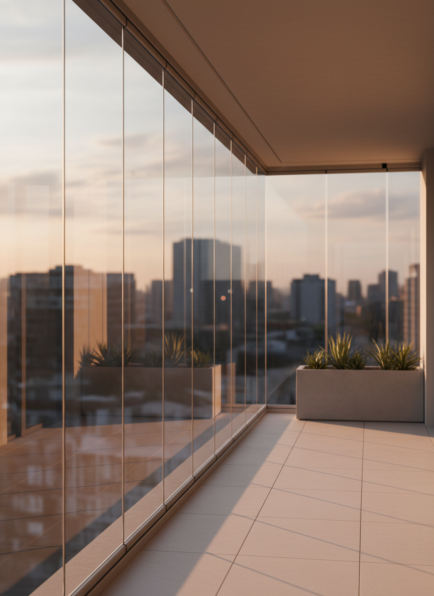 A modern balcony elegantly enclosed with crystal-clear glass curtain panels from floor to ceiling, the aluminum profiles in a subtle matte silver finish aligned with perfect precision. The balcony overlooks a soft-focus urban skyline at sunset, with warm golden hour light streaming through the seamless glass, creating soft reflections and delicate linear shadows on the light porcelain floor. The environment is clean and uncluttered, featuring a minimal planter box and a neutral wall, emphasizing the transparency and sophistication of the system. Photographic realism, eye-level composition with sharp focus throughout, capturing the sense of safety, openness, and refinement ideal for a professional glass curtain company homepage.